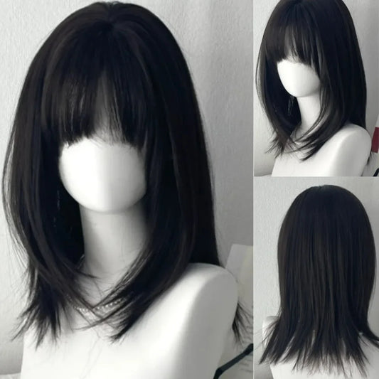 Y2K Black Medium Long Straight Hair Wig