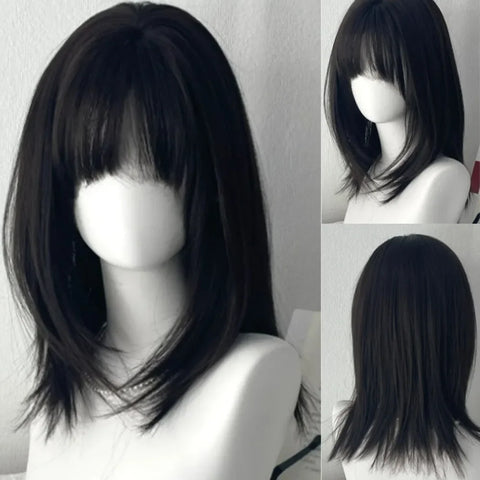 Y2K Black Medium Long Straight Hair Wig