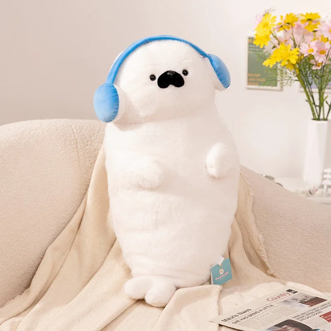 Cartoon Seal & Sea Otter Plush Cushion – Round Earphone Design Pillow for Kids’ Birthday, School & Nap