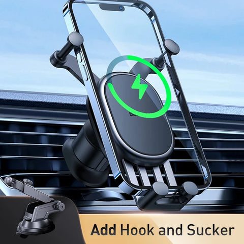 Baseus 15W Wireless Car Charger & Phone Holder with Auto Locking Hook Clip for iPhone, Xiaomi, Samsung