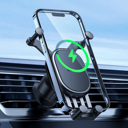 Baseus 15W Wireless Car Charger & Phone Holder with Auto Locking Hook Clip for iPhone, Xiaomi, Samsung