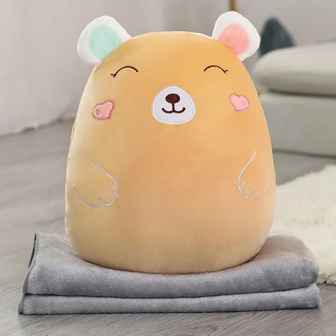 Bear, Lion, Rabbit & Unicorn Plush Pillow with Blanket – Soft Cartoon Animal Handwarmer Toy