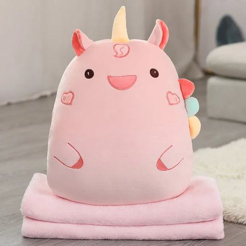 Bear, Lion, Rabbit & Unicorn Plush Pillow with Blanket – Soft Cartoon Animal Handwarmer Toy